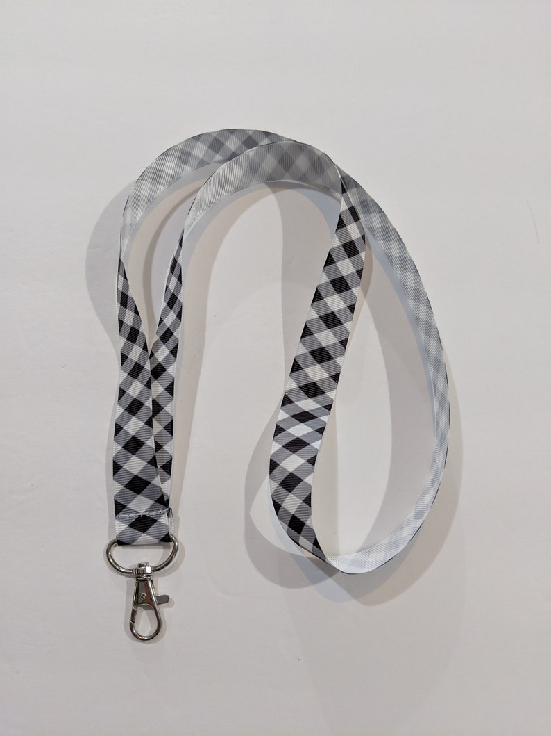 Handmade Black and White Plaid ID Lanyard with Lobster Claw Clasp or Clip