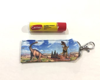 Dinosaur Lip Balm Holder Keychain, Blue Paleontology Ribbon Pouch with Swivel Clip, Handmade Accessory for Purses and Backpacks