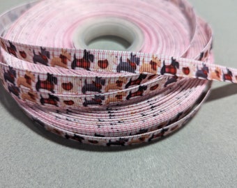 Scottie Dog Ribbon 3/8 Inch Pink Gingham Grosgrain Sew On Trim 3 Yards Continuous Cut Scottish Terrier Plaid Hair Bow Craft Supplies