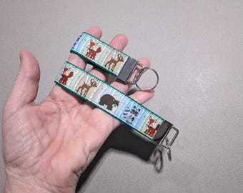 Woodland Animal Keychain, 3" Key Fob or 6" Wristlet, You Pick Strap Color