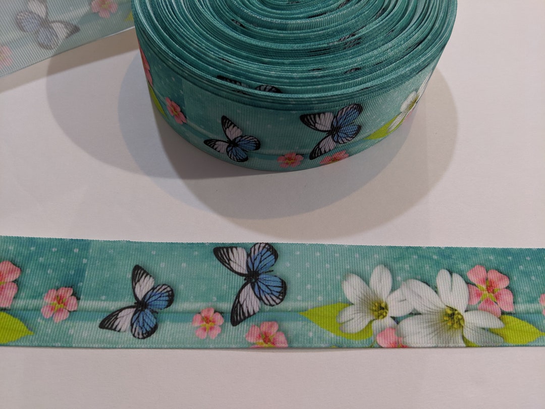 Aqua Blue Grosgrain Ribbon: Butterflies and Flowers Trim, 1.5 Inch Wide ...