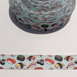 3 Yards of 7/8" Ribbon - Pale Mint Green with Sushi, Japanese Food, Rice and Fish #10628