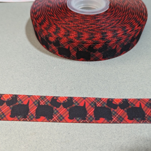 3 Yards of 7/8" Ribbon - Black Scottie Dogs | Scottish Terrier with Red Plaid #11439