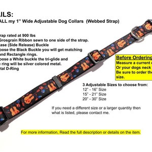 May include: Black adjustable dog collar with a guitar pattern. The collar has a quick-release buckle and a welded metal D-ring. Available in three adjustable sizes: 12"-16", 15"-21", and 20"-30".