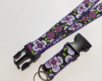 Purple Flowers Lanyard: Detachable Keychain, Breakaway Safety Buckle, 1" Wide