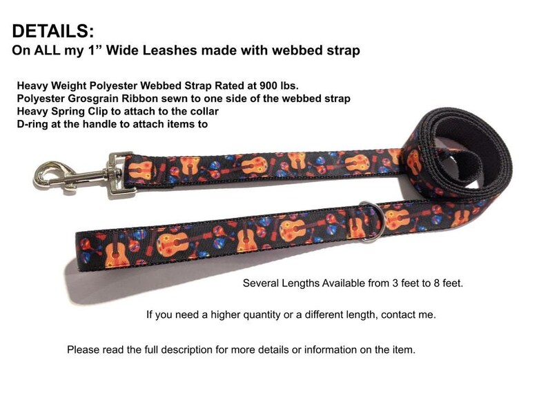 May include: A black and orange guitar-themed dog leash with a heavy-duty spring clip and a D-ring. The leash is made with a 1-inch wide webbed strap rated for 900 pounds. Several lengths are available from 3 to 8 feet.