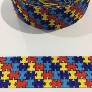 Autism Awareness Ribbon: 1.5&quot; Grosgrain, Puzzle Print - 2 Yards