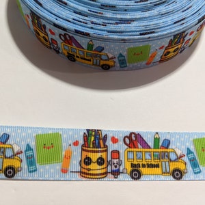 3 Yards of 1" Ribbon - School Day's with a Bus, Paper and Pencils #10309 - Decorative Tape, Sew on Trim, Junk Journal Add On