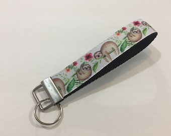 Sloth Keychain Wristlet 6", Floral Tropical Animal Key Fob 3 Inch, Sloth Lover Gift for Her, Zipper Pull Finger Loop