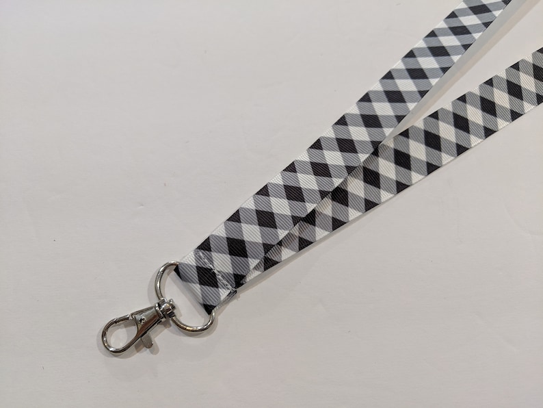 Handmade Black and White Plaid ID Lanyard with Lobster Claw Clasp or Clip