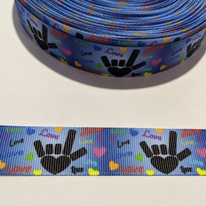 3 yards de ruban 7/8" - Ruban bleu sourd, ASL, langue des signes, je t'aime coeur #10387 - Ruban décoratif, bordure à coudre, Journal indésirable