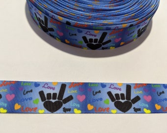 3 Yards of 7/8" Ribbon - Blue Deaf Sign Language I Love You Heart Ribbon #10387