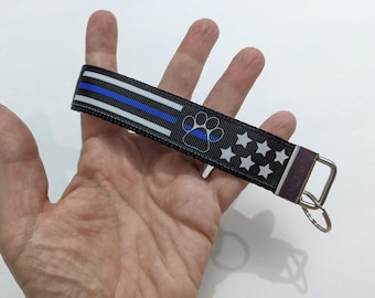 K9 Police Dog Keychain, Thin Blue Line Paw Print Wristlet Strap (3" or 6")