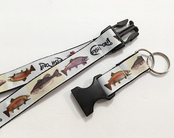 Bass and Trout Detachable Keychain Lanyard, 1 Inch Wide and 22 Inches Long, Choose The Breakaway Buckle for Safety