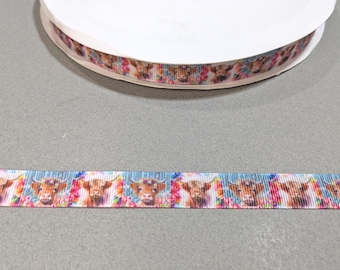Highland Cow Grosgrain Ribbon - 5/8" Wide - 3 Yards - Blue and Pink Decorative Floral Trim