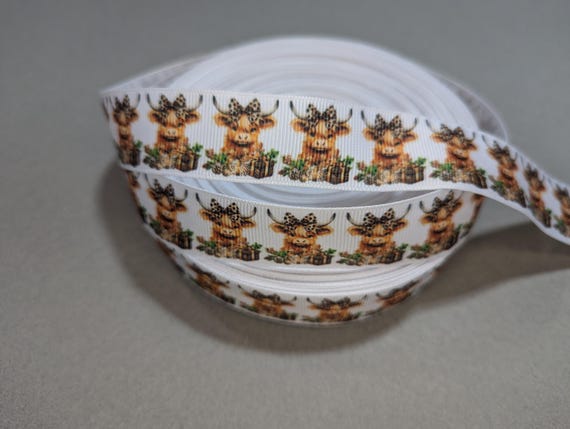 Highland Cow Ribbon 7/8", Cute Fluffy Animal Pattern Grosgrain, 3 Yards Western Farmhouse Craft Ribbon for Hair Bows, Wreaths & DIY Gifts