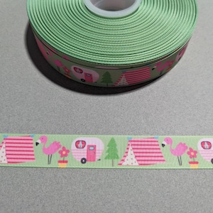 3 Yards of 7/8" Ribbon - Pink and Green Camping Ribbon, Trailer, Tent and Flamingo #11428
