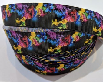 Rainbow Floral Ribbon 1 Inch Black Grosgrain Sew On Trim 3 Yards Continuous Cut Paint Splatter Neon Flower Hair Bow Craft Supplies