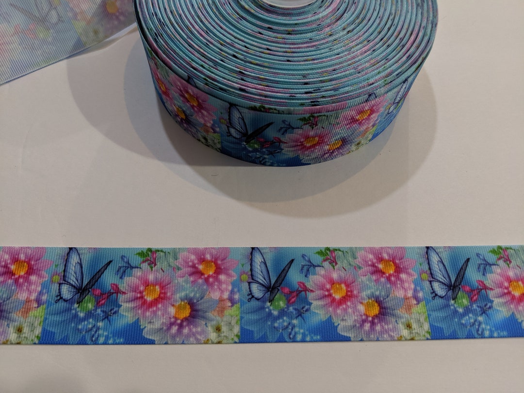 Blue Butterflies Grosgrain Ribbon: Pink Flowers Trim 2 Yards 1.5