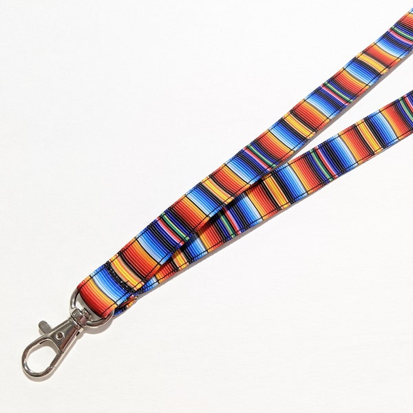 ID Lanyard Red Orange Blue Serape Stripes Handmade Double Sided 5/8" Wide   with Lobster Claw Clasp or Clip with a Break Away Option