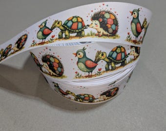 Patchwork Animal Ribbon 1.5 Inch White Grosgrain Sew On Trim 2 Yards Continuous Cut Hedgehog Turtle Bird Woodland Baby Craft Supplies