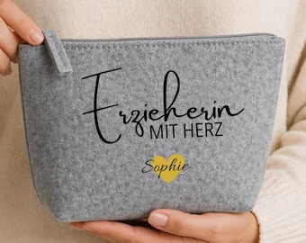 Personalisierte Filztasche Erzieherin mit Herz – Geschenk für Erzieherin –Kosmetiktasche – Namensgeschenk – Erzieherin Geschenk – Wunschname