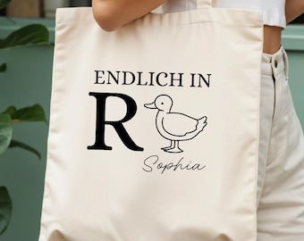 Gepersonaliseerde draagtas met naam – Cadeau voor iemand die eindelijk met pensioen gaat – Katoenen tas met eendenmotief – Pensioencadeau voor vrouwen