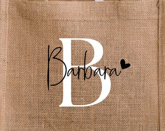Personalisierte Jutetasche mit Name und Initiale, Stofftasche Tasche Buchstabe, Strandtasche Reise, Geschenke für Geburtstag, JGA