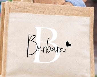 Personalisierte Jutetasche mit Name und Initiale, Stofftasche Tasche Buchstabe, Strandtasche Reise, Geschenke für Geburtstag, JGA