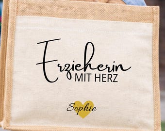 Gepersonaliseerde tas voor kleuterjuf met hartje – Kerstcadeau & afscheidscadeau – Jute tas met naam – Cadeau voor kleuters