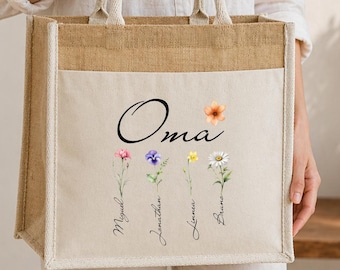 Bolso personalizado para la abuela con los nombres de los niños – Bolso de yute con flores – Regalo para la abuela – Bolso de compras para la abuela – Bolso con el nombre de los nietos