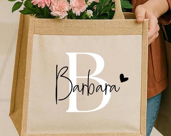 Personalisierte Jutetasche mit Name und Initiale, Stofftasche Tasche Buchstabe, Strandtasche Reise, Geschenke für Geburtstag, JGA