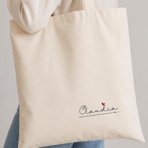 Può includere: Una borsa tote color crema con il nome "Claudia" in corsivo, accentuata da un piccolo cuore rosso. La borsa ha lunghe cinghie ed è realizzata in un tessuto robusto, adatta per trasportare vari oggetti.
