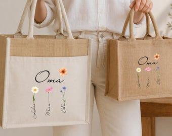 Gepersonaliseerde oma-tas met kindernamen – Jute tas met bloemen – Cadeau voor oma – Boodschappentas voor grootmoeder – Tas met namen van kleinkinderen