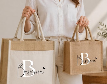 Personalisierte Jutetasche mit Name und Initiale, Stofftasche Tasche Buchstabe, Strandtasche Reise, Geschenke für Geburtstag, JGA