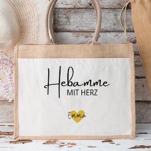 Personalized jute bag midwife with heart, gift for midwife, personalized jute shopping bag, midwife thank you bag