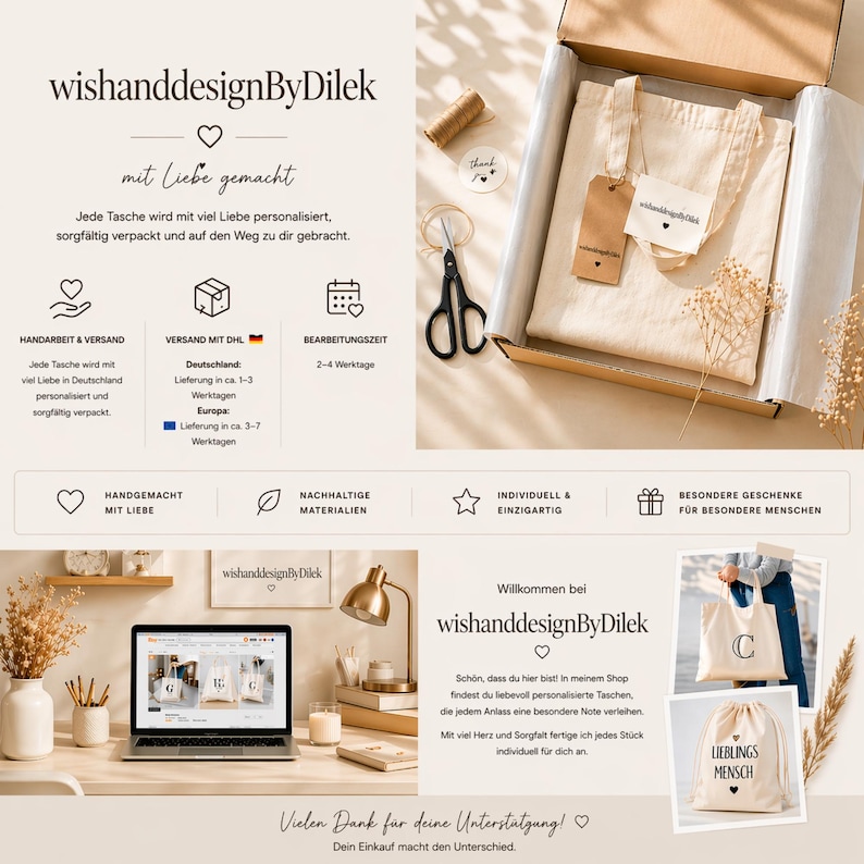 May include: A promotional image featuring a canvas tote bag inside an open cardboard box. The bag has a tag attached. The text "wishanddesignByDilek" is visible. The image also shows scissors, twine, and a laptop. The image promotes handmade items.