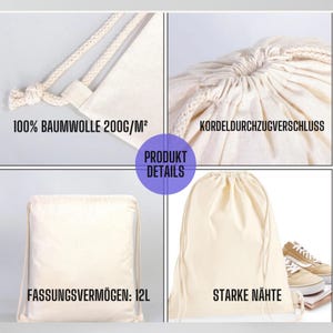 Op de afbeelding: Vier afbeeldingen van een natuurlijke canvas trekkoordtas. De tas is gemaakt van 100% katoen, met een gewicht van 200 g/m&sup2;. Het heeft een trekkoordsluiting, sterke naden en een capaciteit van 12L. De tas heeft een neutrale kleur.