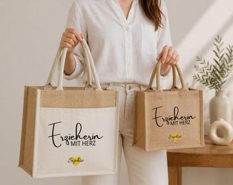 Borsa personalizzata per maestra d'asilo con cuore – Regalo di Natale e regalo di commiato – Borsa in juta con nome – Regalo per la scuola materna