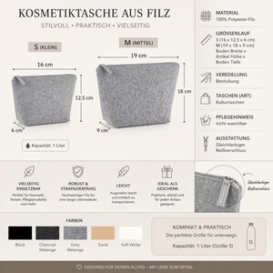 May include: Two grey felt cosmetic bags, sizes S (16 cm x 12.5 cm x 6 cm) and M (19 cm x 18 cm x 9 cm). The bags have a zip closure and are made from 100% polyester felt. Available in various colours, including black, charcoal, and sand.