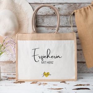 Farewell gift for kindergarten teacher, gift for kindergarten teacher with heart bag, daycare farewell, teacher gift thank you, jute bag