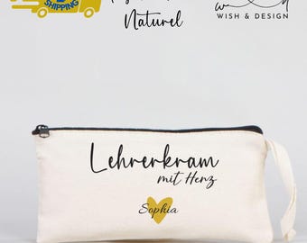 Personalized Pencil Case – Lehrerkrams mit Herz Federmäppchen | Canvas Zipper Pouch for Teacher | Custom Gift – Teacher Name Bag