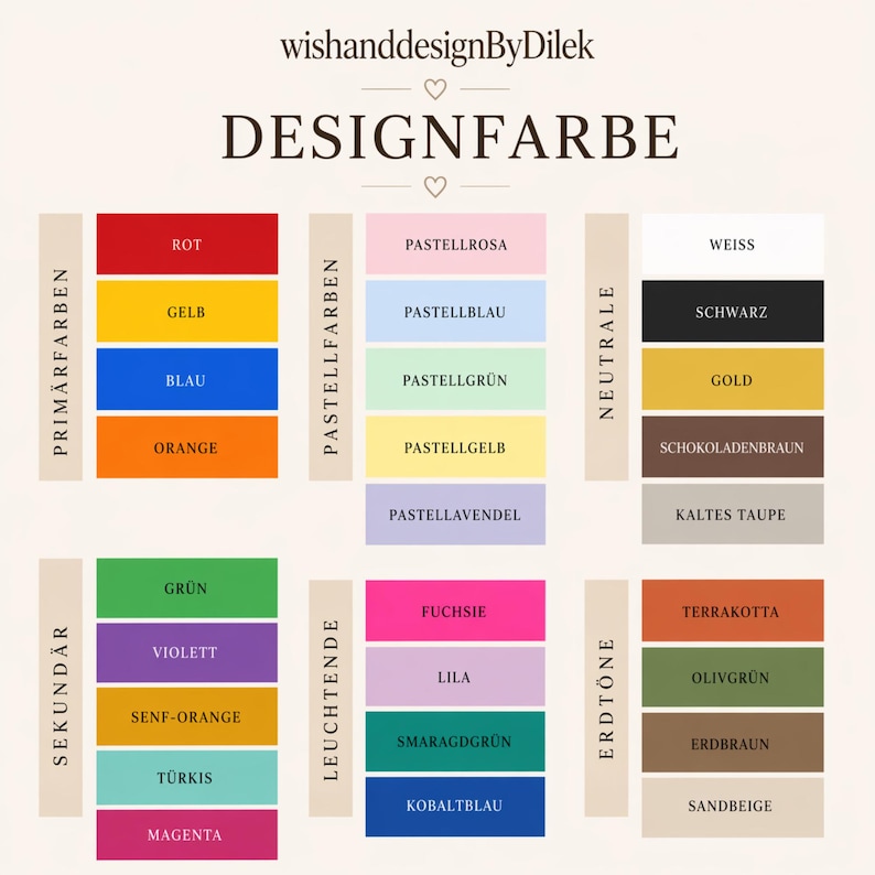 May include: A colour palette chart with the text "DESIGNFARBE" and the name "wishanddesignByDilek". The chart displays various colour swatches categorised as primary, secondary, pastel, luminous, neutral, and earth tones, including red, yellow, blue, and green.