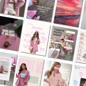 May include: A collage of pink-toned images, including a calendar, a photo shoot graphic, and a graphic with the text "HIGHLIGHTS OF MY YEAR." Other images include text like "5 Mindful Eating Habits to Try Today" and "Olivia Wilson."