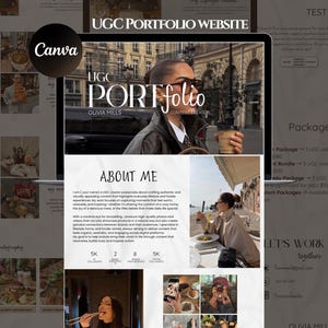 May include: A digital UGC portfolio website design featuring the text "UGC PORTFOLIO" and "OLIVIA MILLS". The website showcases lifestyle and food photography, with a "Canva" logo and sections for testimonials and packages.