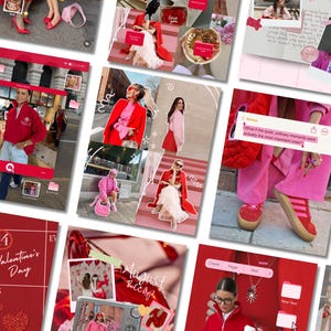May include: A collage of images with a red and pink color scheme. The images include fashion, accessories, and digital interfaces. Some images feature text, including a calendar for Valentine's Day and a social media post.