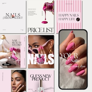 Mallar för Instagram-inlägg för Nail Tech, rosa kit för sociala medier (redigerbar i Canva, digital nedladdning)