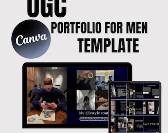 May include: A computer monitor and tablet displaying a Canva portfolio template for men. The template includes lifestyle content, service details, and a video portfolio. Text on the screen includes "UGC," "PORTFOLIO FOR MEN," and "TEMPLATE."
