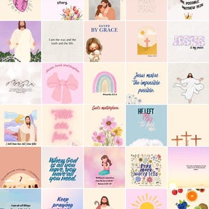 Puede incluir: Una colección de impresiones artísticas digitales cuadradas con temas religiosos. Cada impresión presenta ilustraciones de Jesús, cruces y citas inspiradoras como "Salvado por la gracia" y "Ora más, preocúpate menos". La paleta de colores incluye tonos pastel suaves.