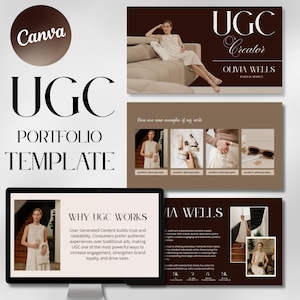 May include: A Canva UGC portfolio template with a brown and white color scheme. The template includes examples of product photography, a "Why UGC Works" section, and a "UGC Creator" section with the name Olivia Wells.